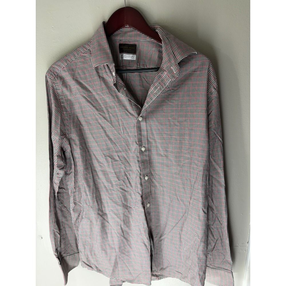 Thomas Dean Collection Mens XL Red Black White Micro Check Stretch Button Shirt